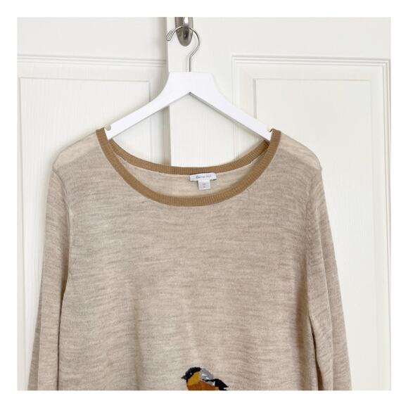 Garnet Hill Bird Nature Motif Oatmeal Brown Crewneck Sweater Wool Acrylic Sz XL - Picture 2 of 8